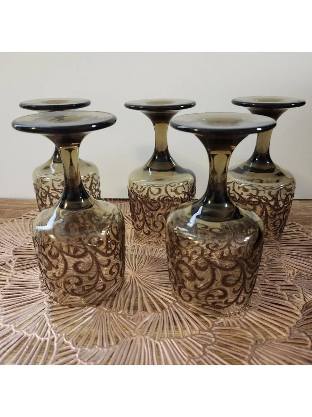 Libbey Prado Tawny Brown Raised Scroll Vintage Wine Water Goblets